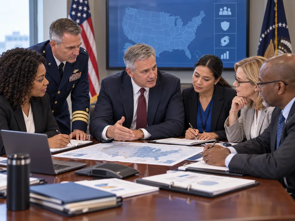 Officials and a uniformed officer gathered around a table with a United States map during a preparedness meeting.