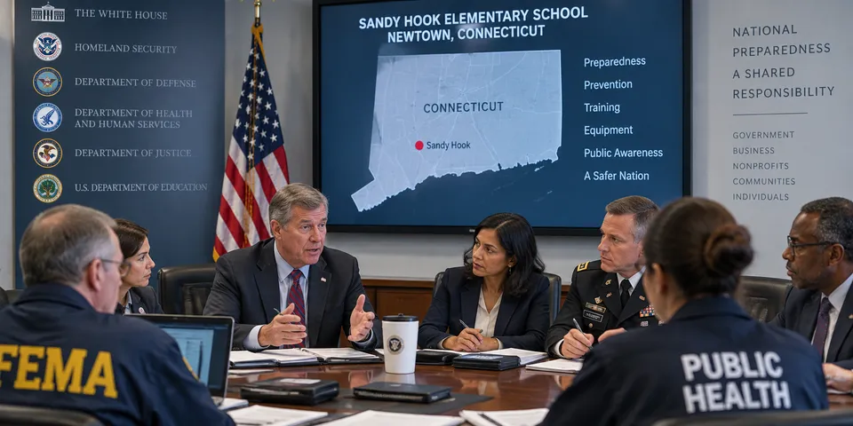 Interagency officials around a conference table beneath a display reading Sandy Hook Elementary School, Newtown, Connecticut.