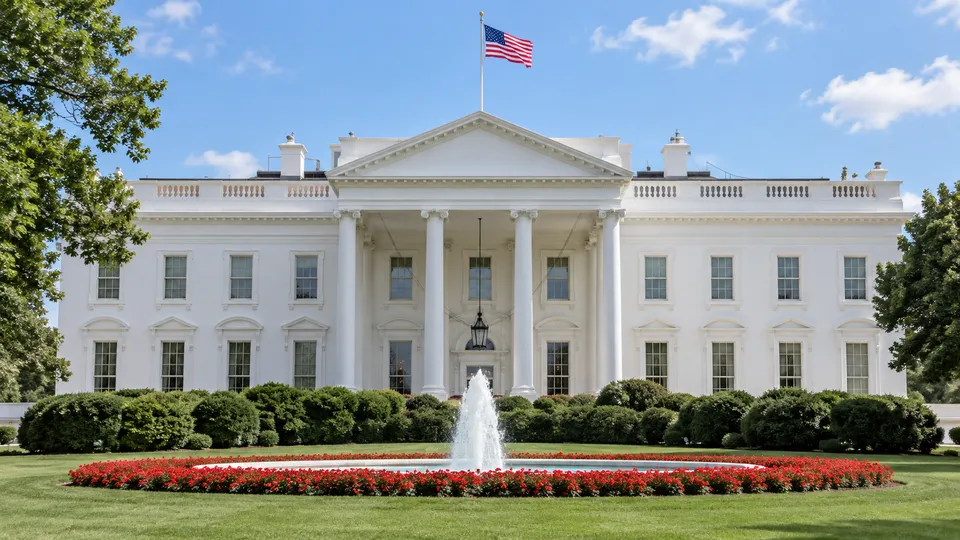The White House North Portico, fountain, and flag.