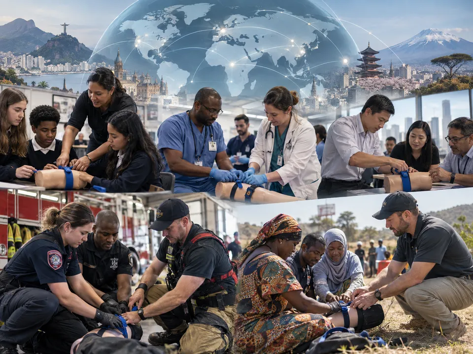People practicing bleeding control on training limbs in classrooms, at a fire station, and outdoors, with a world map overlay.