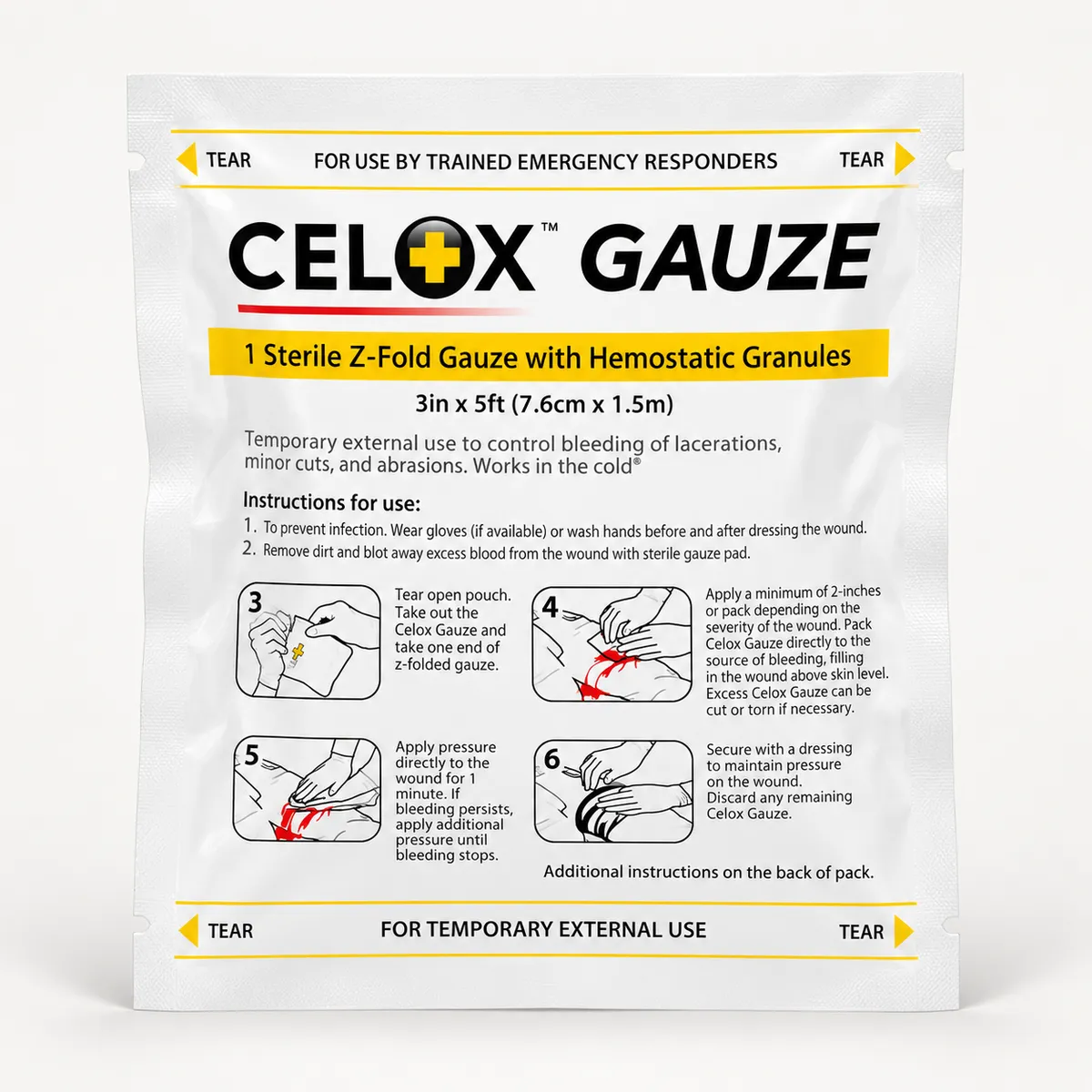 Celox Gauze, packaged, on a plain background. No injury imagery.