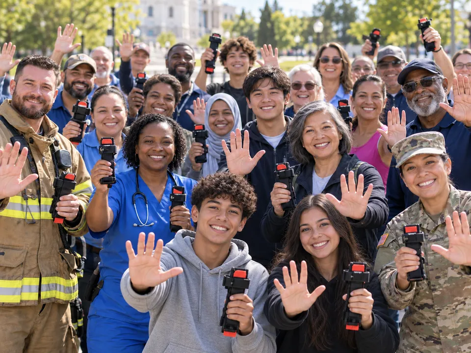 Civilians, medical workers, firefighters, and service members holding tourniquets and raising their hands.