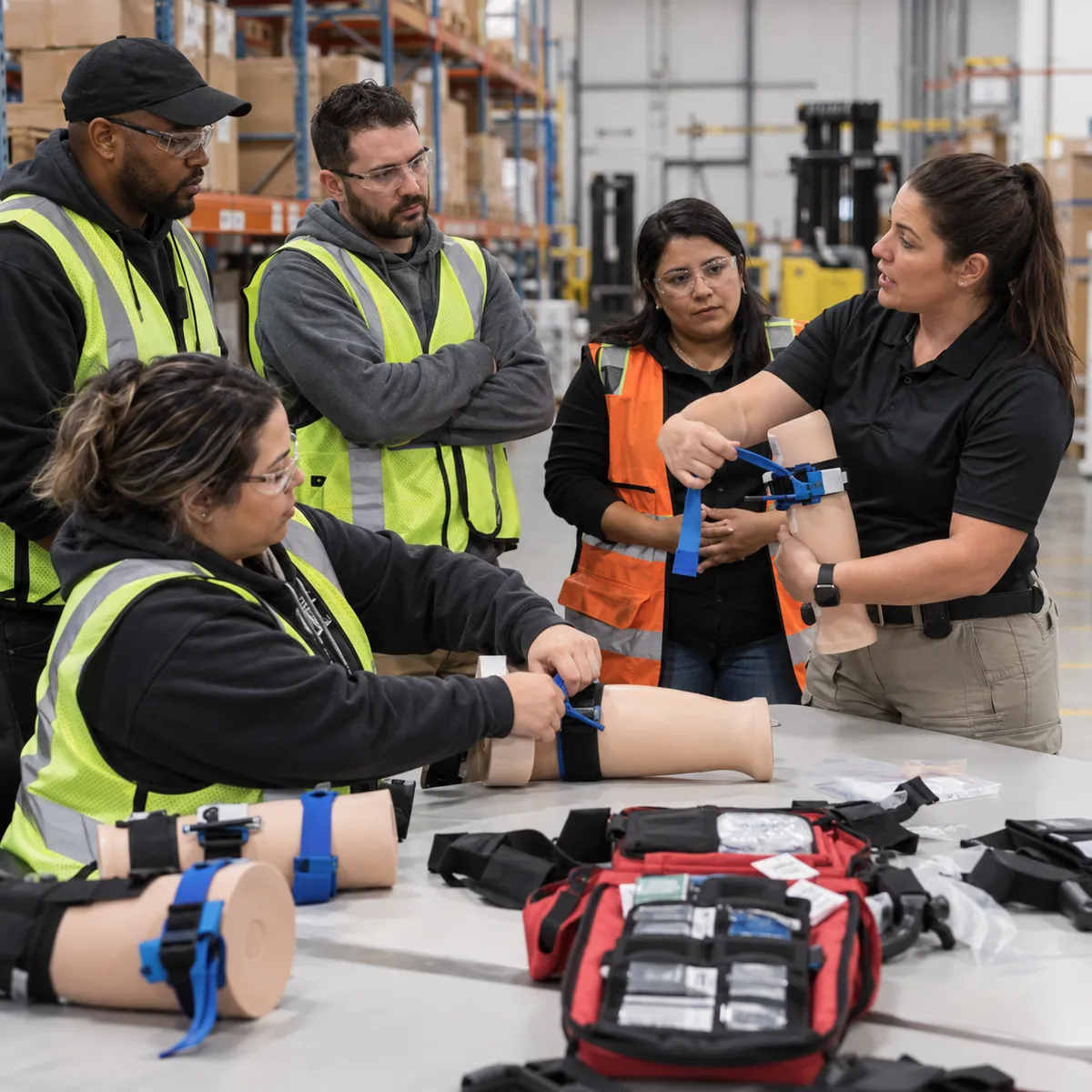 A group of employees or teachers in a recognizable civilian setting (warehouse floor, school gym, office) practicing with a licensed instructor. Adults only. Training equipment only.